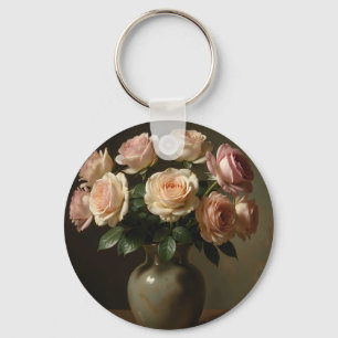 Classic Blush Rose Bouquet Still Life Key Ring