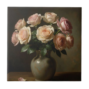 Classic Blush Rose Bouquet Still Life Tile