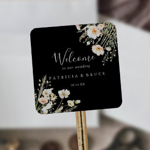 Classic Blush Wildflower Black Wedding Welcome Square Sticker