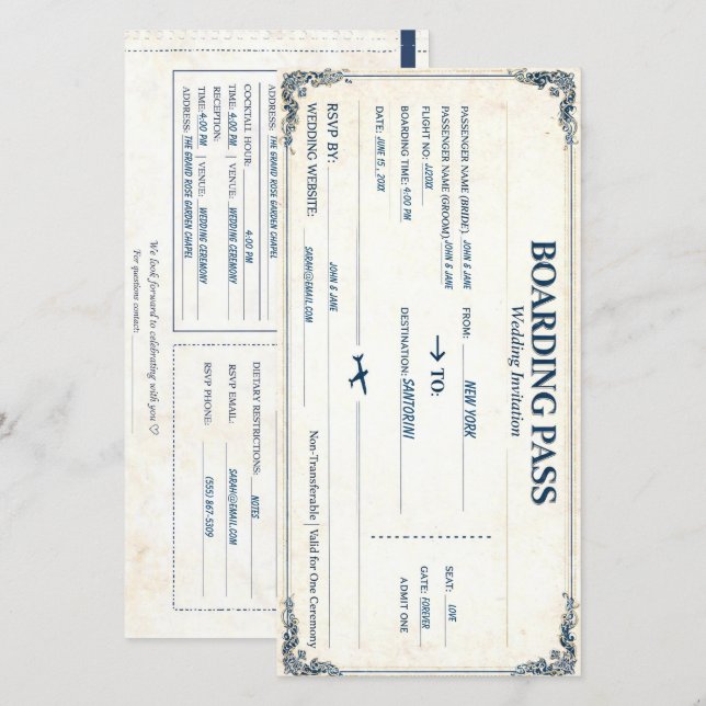 Classic  Boarding Pass Wedding Invite Customisable (Front/Back)