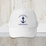 Classic Boat Anchor Captains Trucker Hat<br><div class="desc">Nautical-themed boat captain's hat featuring an illustration of a classic navy blue anchor and their name and their boat's name in elegant navy blue lettering.</div>