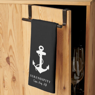 Classic Boat Anchor Monogram Black Tea Towel