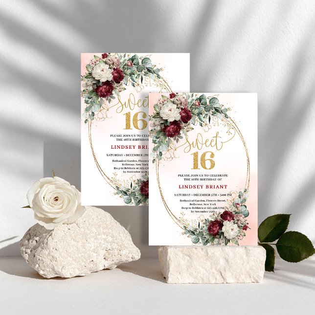 Classic Bohemian Burgundy Floral Eucalyptus Sweet  Invitation (Classic Bohemian Burgundy Floral Eucalyptus Sweet 16)