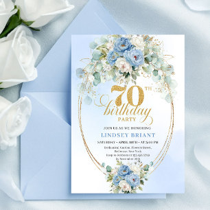 Classic Boho Blue Floral Eucalyptus 70th Birthday Invitation