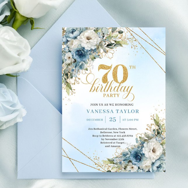 Classic boho blue florals eucalyptus 70th birthday invitation (Classic boho blue florals eucalyptus 70th birthday invite

)