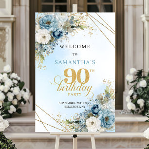 Classic boho blue florals eucalyptus 90th birthday poster