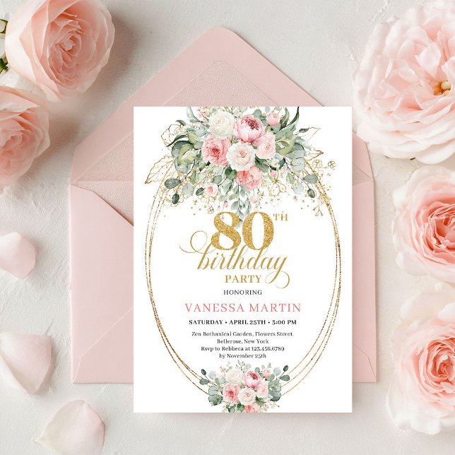 Classic Boho Blush Roses Gold 80th Birthday Invite (Classic Boho Blush Roses Gold 80th Birthday Invite)
