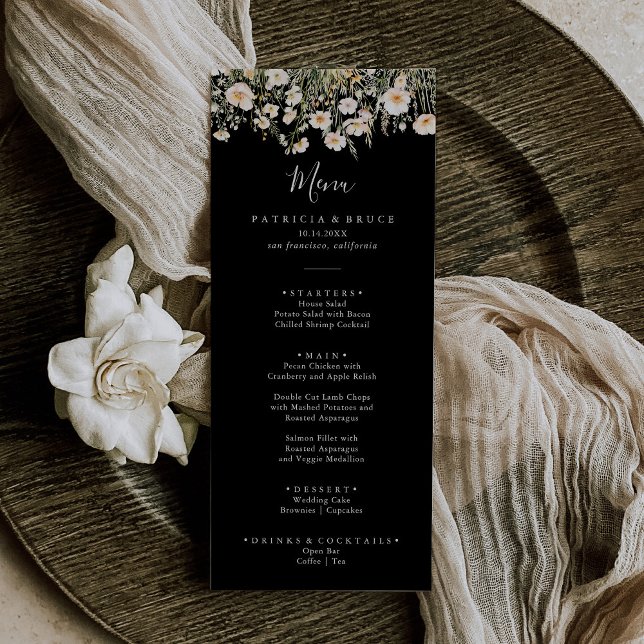 Classic Boho Blush Wildflower Black Dinner Menu (Creator Uploaded)