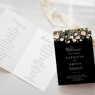 Classic Boho Blush Wildflower Black Folded Wedding Programme
