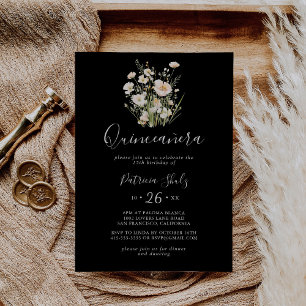 Classic Boho Blush Wildflower Black Quinceañera Invitation