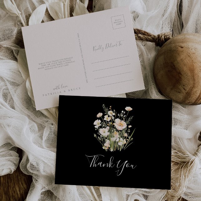 Classic Boho Blush Wildflower Black Thank You Postcard (Creator Uploaded)
