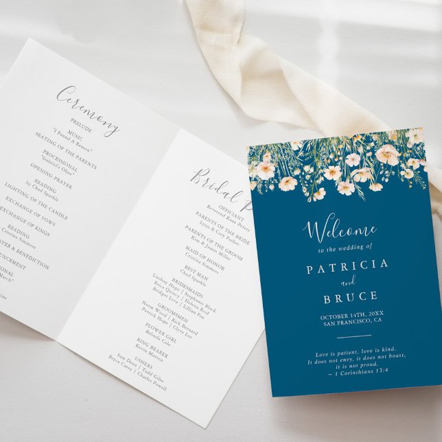 Classic Boho Blush Wildflower Folded Wedding Programme (Creator Uploaded)