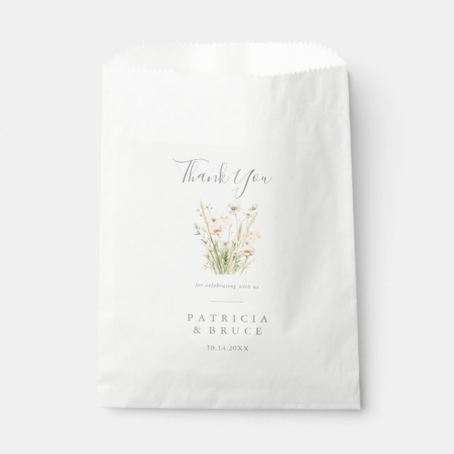Classic Boho Blush Wildflower Thank You Wedding Favour Bags (Front)