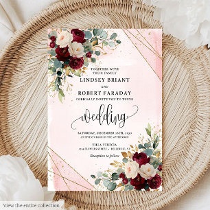 Classic Boho Burgundy Gold Blush Flowers Wedding  Invitation