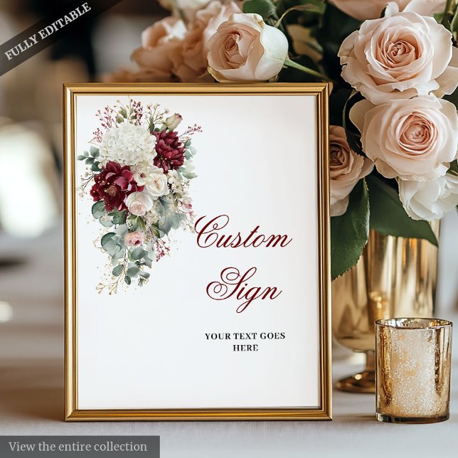 Classic Boho Burgundy White Rose Custom Wedding  Poster (Classic Boho Burgundy White Rose Custom Wedding Sign)