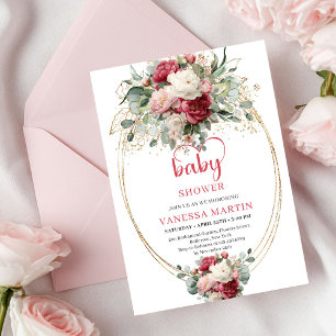 Classic Boho Crimson White Gold Floral Baby Invite