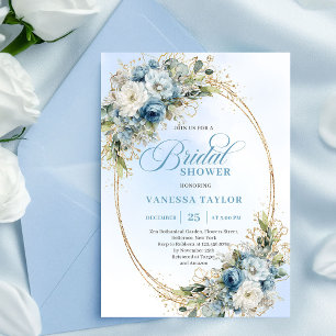 Classic Boho Dusty Blue Floral Gold Bridal Shower Invitation