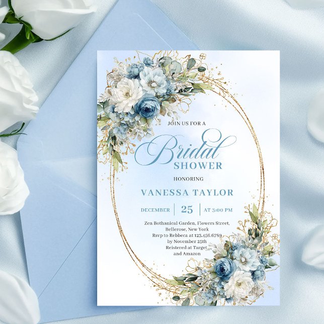 Classic Boho Dusty Blue Floral Gold Bridal Shower Invitation (Classic Dusty Blue Floral Gold Bridal Shower Invitation)