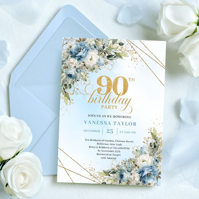 Classic Boho Dusty Blue White Floral 90th Birthday Invitation (Classic Dusty Blue White Floral 90th Birthday Invite

)
