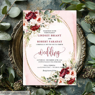 Classic Boho Merlot Gold Floral Wedding Invitation