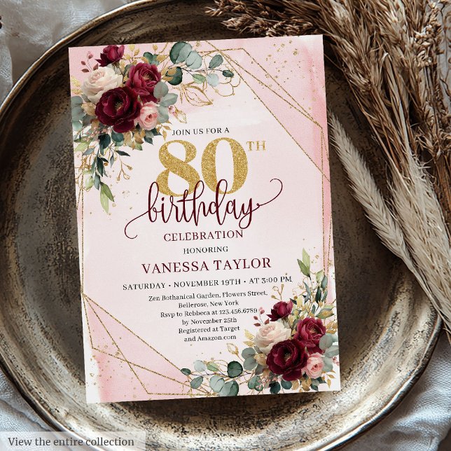 Classic Boho Merlot Gold Flowers 80th Birthday  Invitation (Classic Boho Merlot Gold Flowers 80th Birthday Invitation)