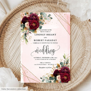 Classic Boho Merlot Gold White Flowers Wedding  Invitation