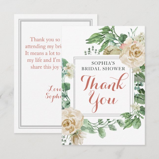 Classic Boho Rose Floral Bridal Shower Thank You (Front/Back)