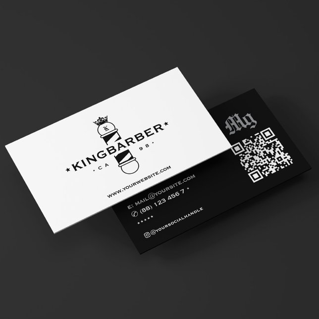 Classic Bold Barber Pole Crown Barbershop BW Business Card (Classic Bold Barber Pole Crown Barbershop Black White)