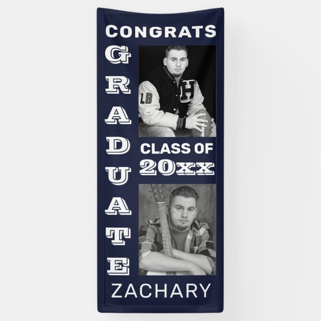 Classic Bold Photo Navy Blue Graduation Banner (Vertical)