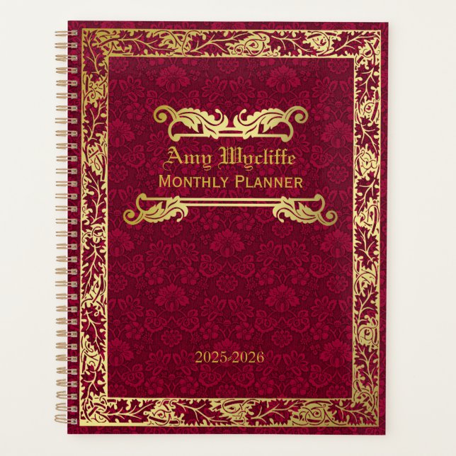 Classic Book Cover Gold Foliage Crimson Damask Planner (Front)