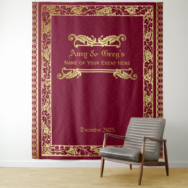Classic Book Cover Gold Foliage Crimson Damask Tapestry (In Situ)