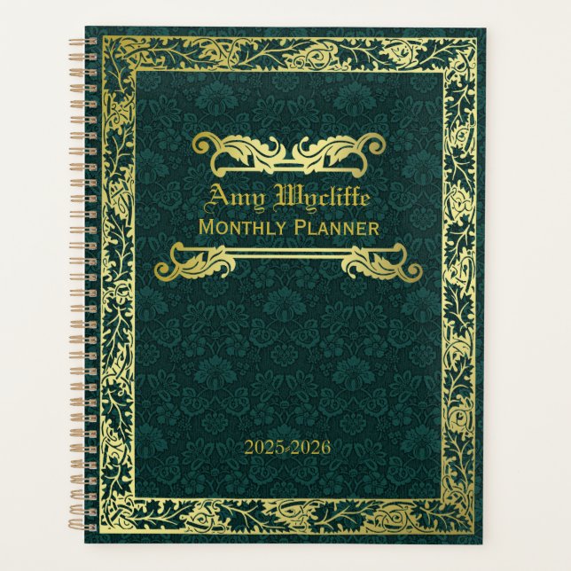 Classic Book Cover Gold Foliage Green Damask Planner (Front)