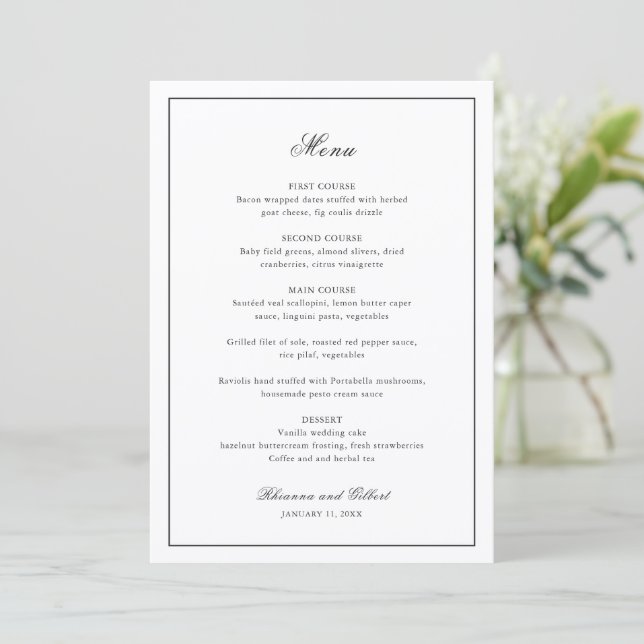 Classic Border Black and White Timeless Wedding Menu (Standing Front)