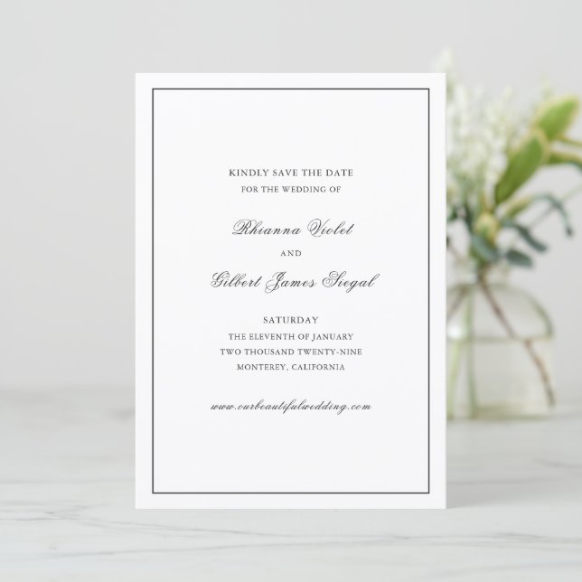 Classic Border Black and White Timeless Wedding Save The Date (Standing Front)