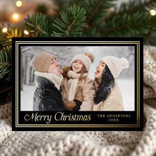 Classic Border Black Merry Christmas Photo Foil Holiday Card