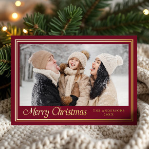 Classic Border Cranberry Merry Christmas Photo Foil Holiday Card