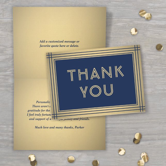 Classic Border Elegant Navy Blue & Gold Folded Thank You Card (Creator Uploaded)