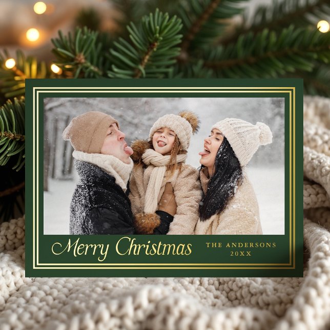 Classic Border Forest Green Merry Christmas Photo Foil Holiday Card (Creator Uploaded)