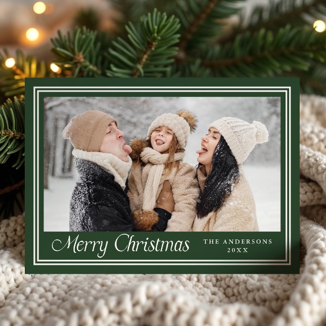Classic Border Forest Green Merry Christmas Photo Holiday Card (Creator Uploaded)