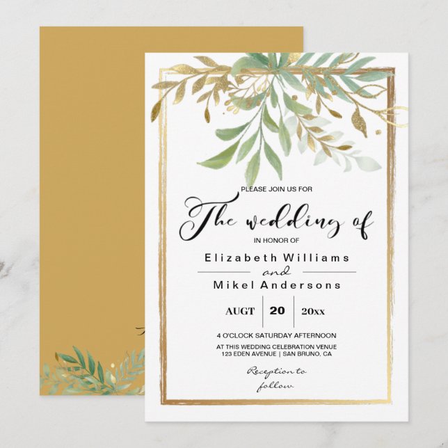 Classic Border Golden Leaves Greenery wedding Invitation (Front/Back)