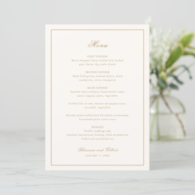 Classic Border Ivory and Gold Timeless Wedding Menu (Standing Front)