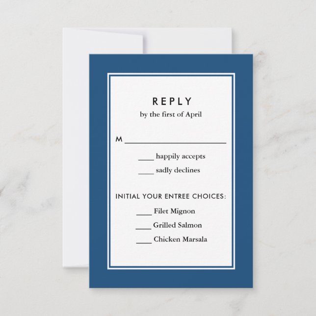 Classic Border Navy Blue Food Choices Wedding RSVP Card (Front)