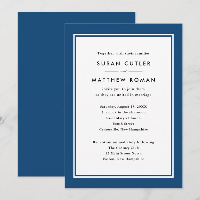 Classic Border Navy Blue Wedding Invitation (Front/Back)