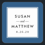 Classic Border Navy Blue Wedding Square Sticker<br><div class="desc">A simple yet classic personalised wedding sticker in navy blue.  Use as an envelope seal or favour tag.  Change your information using the template form.</div>