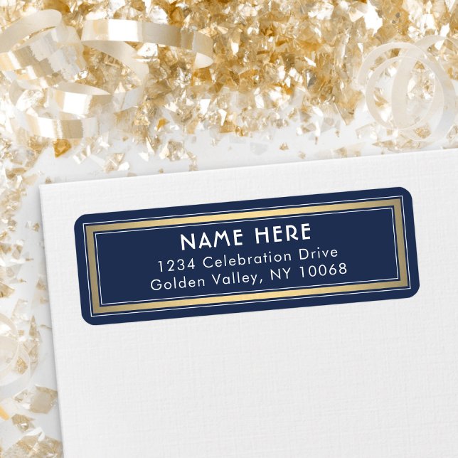 Classic Border Navy Blue White Gold Return Address (Creator Uploaded)
