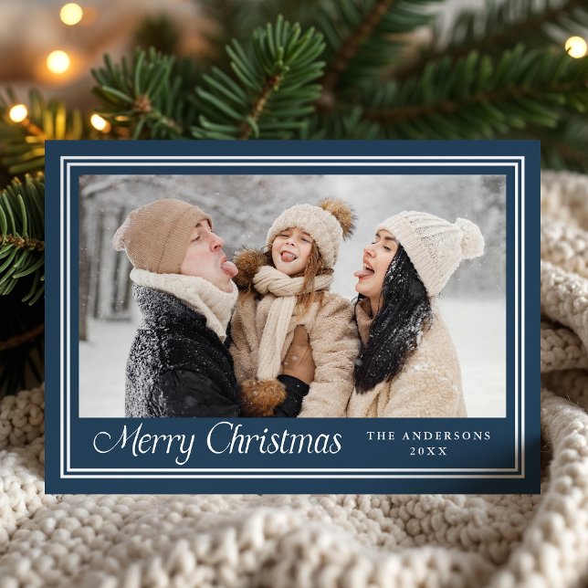 Classic Border Navy Merry Christmas Photo Holiday Card (Creator Uploaded)