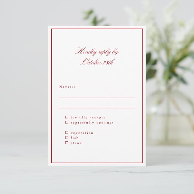 Classic Border Red Elegant Wedding Meal Choice RSVP Card (Standing Front)