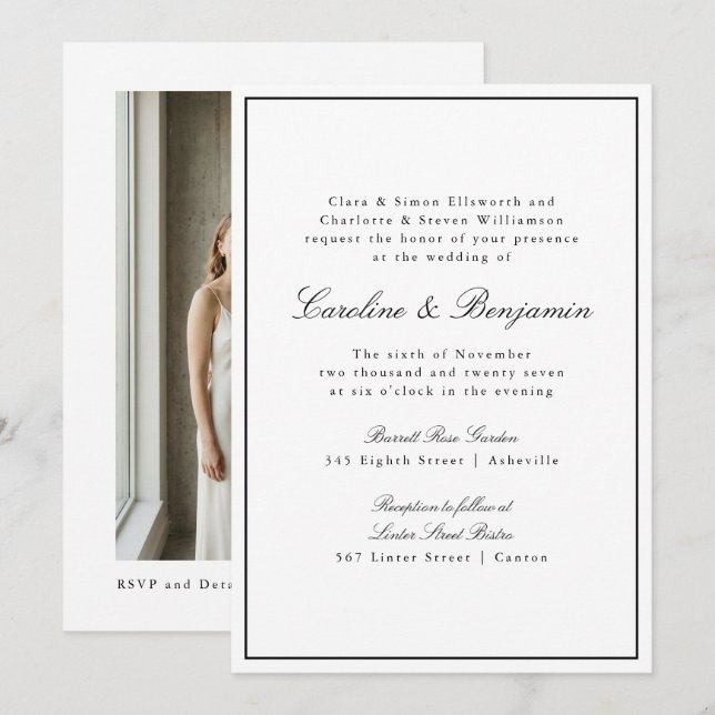 Classic Border Script White Elegant Photo Wedding Invitation (Front/Back)