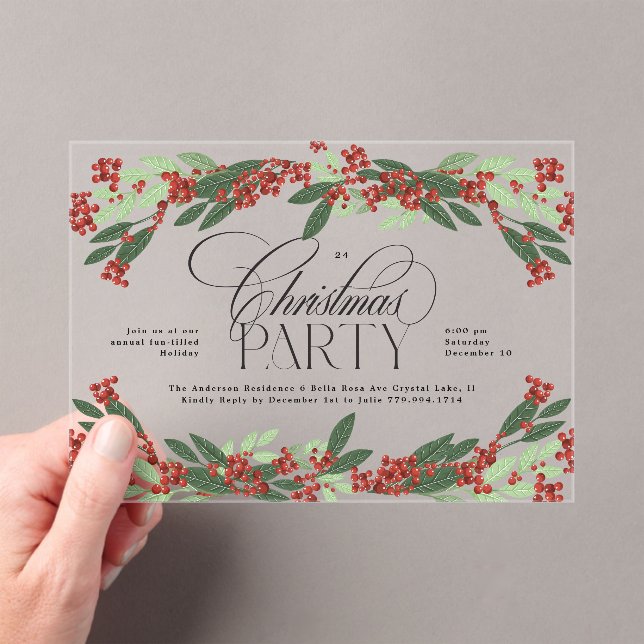 Classic Botanical Christmas Party Acrylic Invitations (Insitu (Handheld))