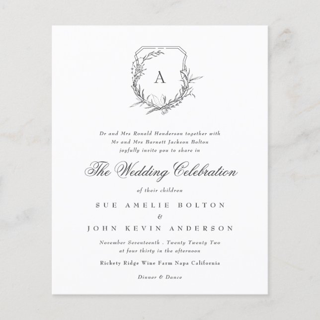 classic botanical floral monogram Budget Invite (Front)